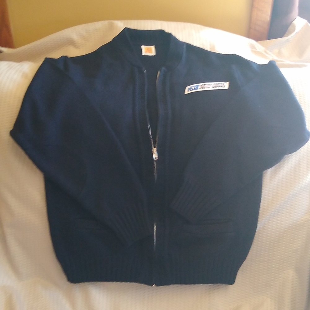 USPS Sweater Medium Blue Knit Cardigan Zip-up Pockets Acrylic Post Office